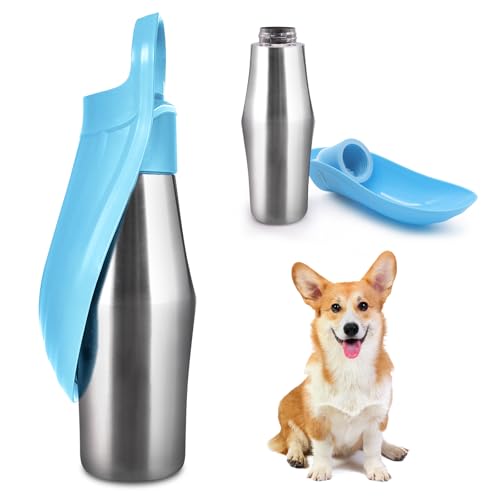 Hundetrinkflasche Für Hund, 750ml Trinkflasche Hunde, 180°Faltbar Hundetrinkflasche, Tragbare Haustier Wasserflasche, Edelstahl Hundetrinkflasche, Trinkflasche Hunde Für Ausbildung (Blau, 1) von BYZESTY