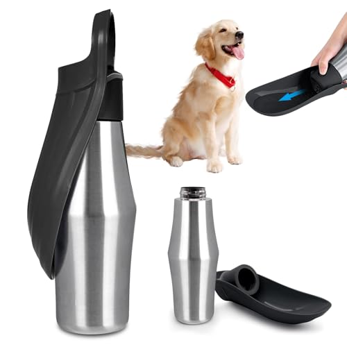 Hundetrinkflasche Für Hund, 750ml Trinkflasche Hunde, 180°Faltbar Hundetrinkflasche, Tragbare Haustier Wasserflasche, Edelstahl Hundetrinkflasche, Trinkflasche Hunde Für Ausbildung (Schwarz, 1) von BYZESTY