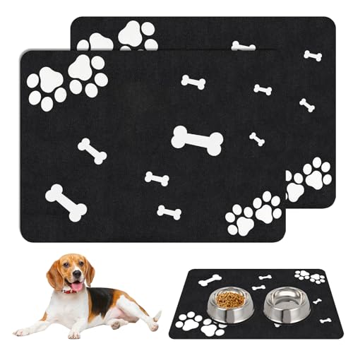 Napfunterlage Hund, 2 Stück Napfunterlage Katzen, Futtermatte Hund 60 x 40 cm, Super Saugfähige Futtermatte Katzen, rutschfeste & Wasserdicht Hundenapf Unterlage, Futternapf Matte, Schwarz von BYZESTY