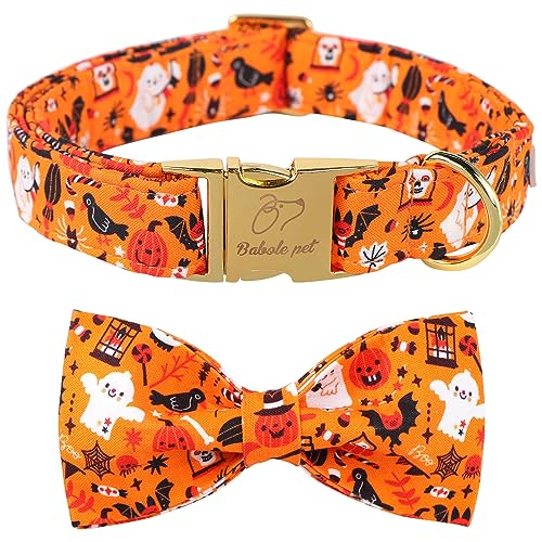 Babole Pet Halloween-Hundehalsband, Orange, Geisterkürbis, Größe XL, Fliege, Halsbänder mit Metallschnalle, verstellbarer Hals, 40,6–66 cm von Babole Pet