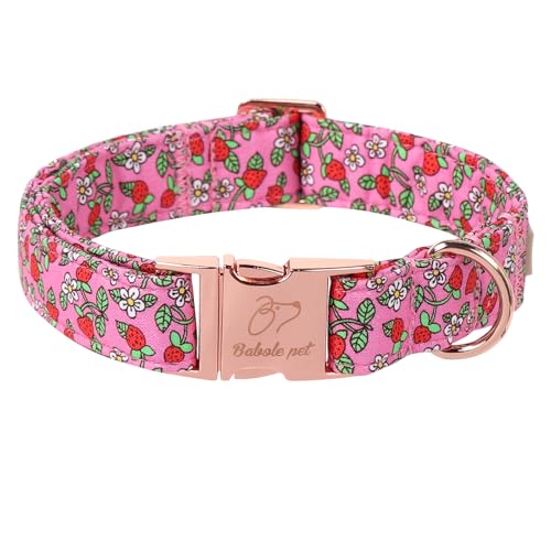 Babole Pet Hundehalsband aus Baumwolle, für mittelgroße Hunde, verstellbar, niedlich, für Jungen und Mädchen, mit Metallschnalle, Rosa, Erdbeere, Größe M von Babole Pet