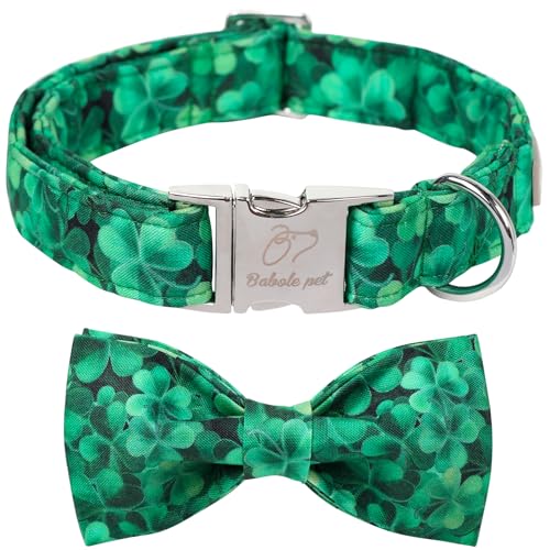 Babole Pet St. Patrick's Day Hundehalsband mit Fliege, grünes Kleeblatt, weiche Baumwolle mit Sicherheits-Metallschnalle, verstellbares Welpenhalsband für kleine, mittelgroße und große Hunde, tolles von Babole Pet