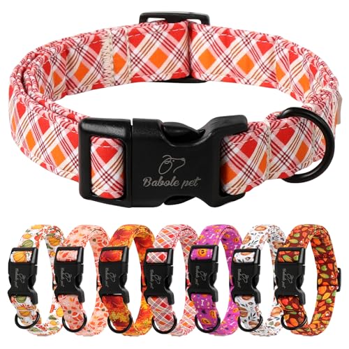 Babole Pet Thansgiving Hundehalsband, verstellbar, leicht, Baumwolle, für kleine, mittelgroße und große Jungen, Mädchen, Rot, Orange, Vichy-Muster, Größe L von Babole Pet