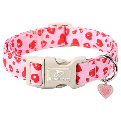 Babole Pet Valentinstags-Hundehalsband, niedliches rosa Hundehalsband mit rotem Herz, bequemes Mädchen-Welpenhalsband mit Schnellverschluss-Schnalle aus Kunststoff, Größe L von Babole Pet