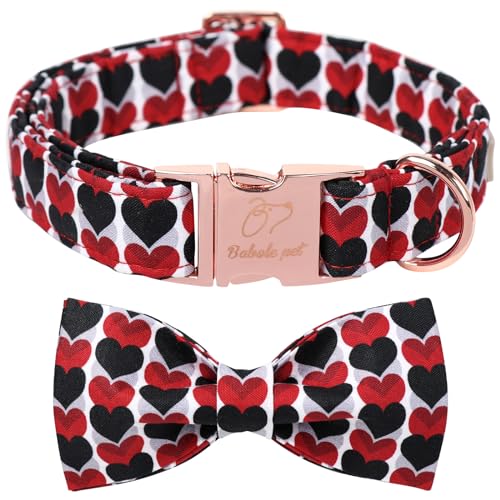 Babole Pet Valentinstags-Hundehalsband für große Hunde mit Fliege, Rot und Schwarz, Herzmotiv, mit Sicherheits-Metallschnalle, verstellbares Welpenhalsband für Jungen und Mädchen, Größe L von Babole Pet