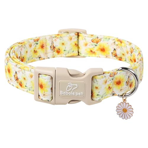 Babole Pet Verstellbares Hundehalsband mit Blumenmuster, gelbe Sonnenblume und Schmetterling, für große Hunde, leicht, Schnellverschluss-Schnalle, Halsband für Jungen und Mädchen, Größe XL von Babole Pet