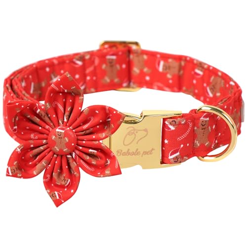 Babole Pet Weihnachts-Hundehalsband für große Hunde mit Blumen-Krawatte, rotes Lebkuchenmann-Halsband mit Sicherheits-Metallschnalle, verstellbares Welpenhalsband für kleine, mittelgroße Hunde, Jungen von Babole Pet