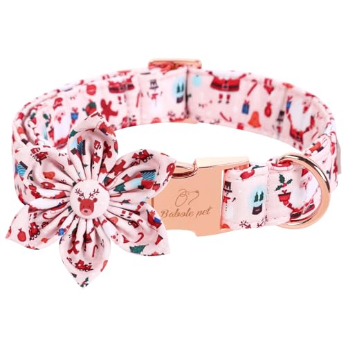 Babole Pet Hundehalsband mit Blumenmuster, rosa Elch, Weihnachtsmann, mit Sicherheits-Metallschnalle, verstellbar, für kleine, mittelgroße und große Hunde, Halsumfang 40,6 - 61 cm von Babole Pet