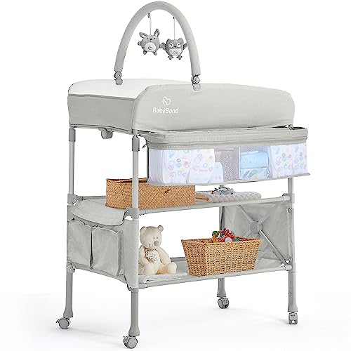 BabyBond Tragbare Wickelkommode, faltbar, wasserdicht, höhenverstellbar, für Säuglinge und Neugeborene, Beige von BabyBond