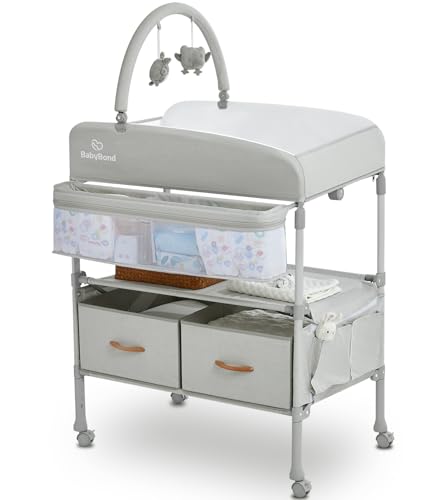 BabyBond Tragbare Wickelkommode mit 2 Aufbewahrungskörben, faltbar, wasserdicht, Wickeltisch, höhenverstellbar, für Säuglinge und Neugeborene (Beige) von BabyBond