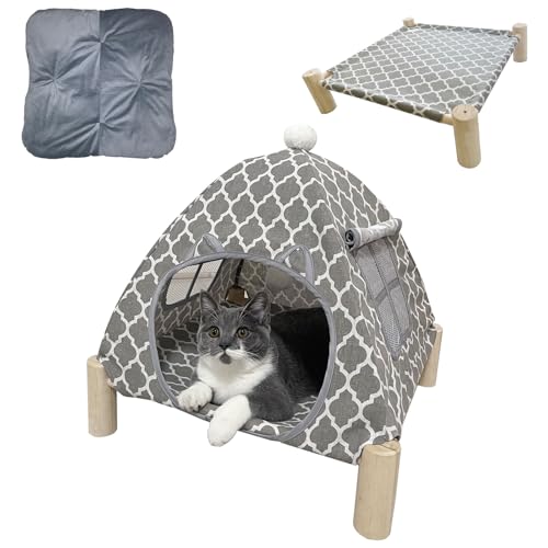 Babyezz Haustierbettmatte für Katzen und kleine Hunde, Tipi-Haus und Hängematte, natürliches Kiefernholz, atmungsaktiv, abnehmbar, tragbar, für drinnen und draußen, 49,8 x 49,8 x 54,9 cm, graues von Babyezz