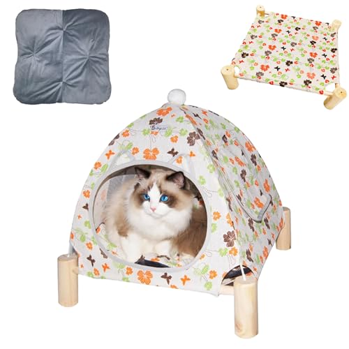 2-in-1 Katzenbett Zelt Holzrahmen Katzenzelt Katzenhängematte Abnehmbare Holzkatzenerhöhung Indoor Outdoor Bett Tragbares Indoor/Outdoor Haustier Hundezelt Haus Katze Welpe Kleintier (Vierblättriges von Babyezz