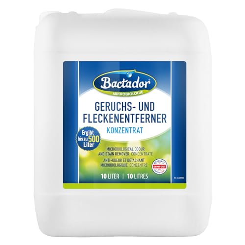 Bactador Enzymreiniger - Geruchsentferner & Fleckenentferner Konzentrat 10L - Mikrobiologischer Geruchsneutralisierer - Porentiefe Reinigung - Ergibt bis zu 500 Liter - Hunde/Katzenurin Entferner von Bactador