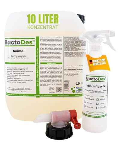 BactoDes - Animal Geruchsneutralisierer 10L Konzentrat mit Spray-Mischflasche - Starker Enzymreiniger Katzenurin, Hundeurin & Tiergerüche - Effektiver Geruchsentferner mit bio Mikroben-Wirkung von BactoDes