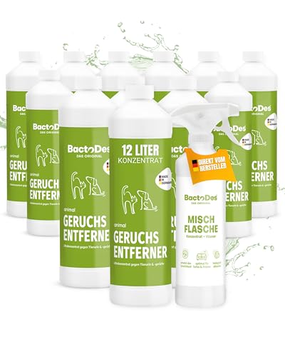 BactoDes - Animal Geruchsneutralisierer 12L Konzentrat mit Spray-Mischflasche - Starker Enzymreiniger Katzenurin, Hundeurin & Tiergerüche - Effektiver Geruchsentferner mit Bio Mikroben-Wirkung von BactoDes