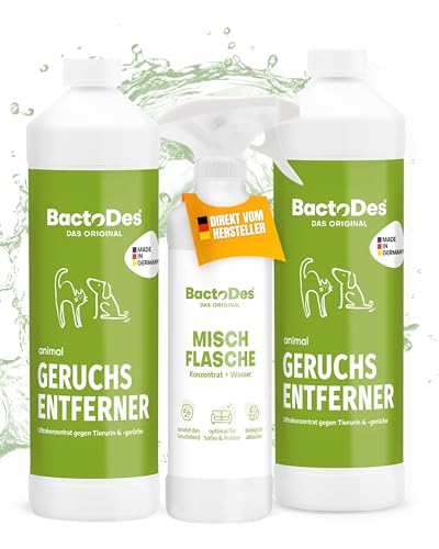 BactoDes - Animal Geruchsneutralisierer 2L Konzentrat mit Spray-Mischflasche - Starker Enzymreiniger Katzenurin, Hundeurin & Tiergerüche - Effektiver Geruchsentferner mit Bio Mikroben-Wirkung von BactoDes