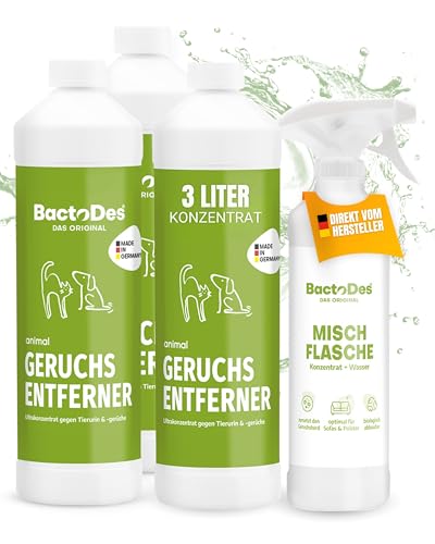 BactoDes - Animal Geruchsneutralisierer 3L Konzentrat mit Spray-Mischflasche - Starker Enzymreiniger Katzenurin, Hundeurin & Tiergerüche - Effektiver Geruchsentferner mit Bio Mikroben-Wirkung von BactoDes