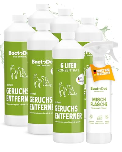 BactoDes - Animal Geruchsneutralisierer 6L Konzentrat mit Spray-Mischflasche - Starker Enzymreiniger Katzenurin, Hundeurin & Tiergerüche - Effektiver Geruchsentferner mit bio Mikroben-Wirkung von BactoDes