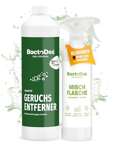 BactoDes Spezial 1L. Geruchsvernichter - Allround Geruchskiller und Geruchsentferner beseitigt ua.sowohl Uringeruch, Erbrochenes, als auch Tiergeruch, Hundegeruch, Katzenurin usw. dauerhaft aus Estrich, Fliesen und Polster - Konzentrat zum Verdünnen, incl. Misch/Sprühflasche von BactoDes