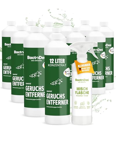 BactoDes - Spezial Geruchsneutralisierer 12L Konzentrat mit Spray-Mischflasche - Universal Enzymreiniger mit bio Mikroben-Wirkung - Effektiver Geruchsentferner für sämtliche unangenehme Gerüche von BactoDes