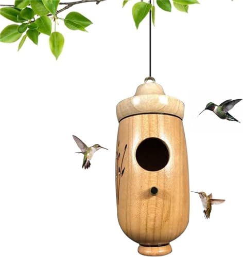 Shirem Holz Kolibri Haus, Libiyi Holz Kolibri Haus, Natur Holz Kolibri Haus für Außen Hängen zum Nisten, Garten Holz Vogelfutterstation (A) von Badimoo