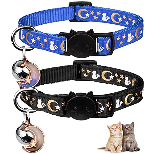 2 x Katzenhalsbänder mit Monden und Sternen, verstellbares Katzenhalsband mit nachtleuchtendem Anhänger (schwarz und blau) von Baeuppit