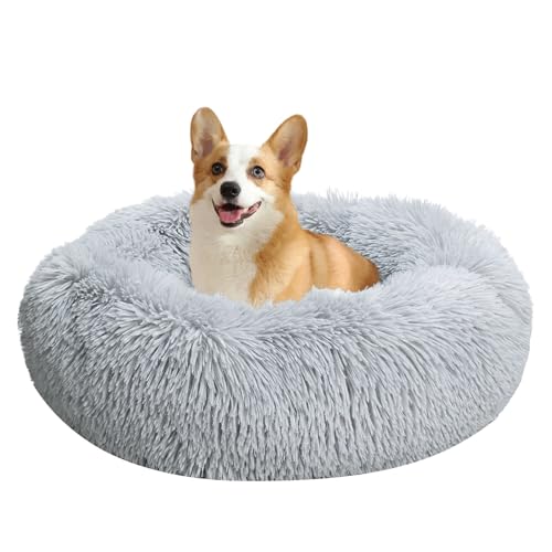 Baguuaray Hundebett Katzenbett 60cm Haustierbett Flauschig Plüsch Hundebett Rund Weiches Flauschiges rutschfest Katzenkissen Waschbar Haustierbett (Hellgrau) von Baguuaray