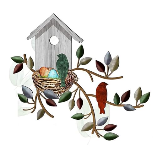 Bahwphry Metall-HäNgebaum mit Vogelhaus, Wandkunst, Wanddekoration für Den AußEnbereich, Vogeldekorationen für zu Hause, Metallblatt-Wanddekoration B von Bahwphry