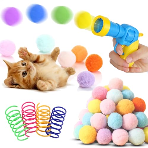 BaiKevin Geräuscharme, interaktive Katzenball-Werferpistole, 1 geräuschreduzierter Launcher (neues Upgrade), 20 Stück bunte leise Plüsch-Pom-Bälle (3 cm), mit 4 Katzenfederspielzeug von BaiKevin