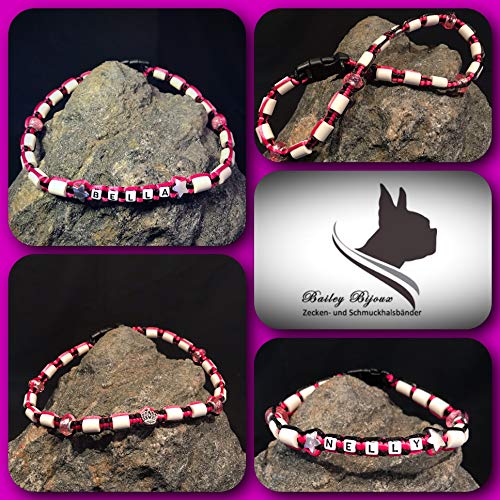 Anti Zecken- und Schmuckhalsband * EM Keramik Halsband * für Hunde und Katzen * (SCHWARZ - PINK) * INDIVIDUALISIERBAR MIT Namen UND VERSCH. PERLEN #Bailey Bijoux (26 cm KLICKVERSCHLUSS) von Bailey Bijoux