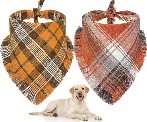 Baipesiy Herbst-Hundehalstuch, kariert, Flanell, mit Quasten, 2 Stück, doppelt, wendbar, Herbst-Hundesabber-Lätzchen, Thanksgiving, Bandanas für Welpen, große Hunde, Haustier-Outfit-Zubehör (Orange) von Baipesiy