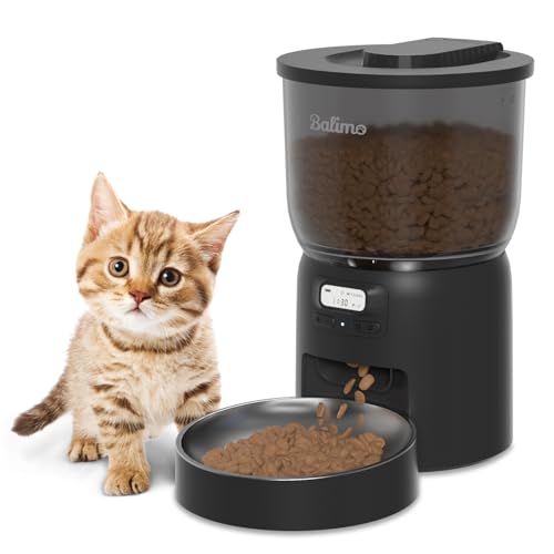 Balimo Futterautomat Katze,3L Katzenfutter Automat, Programmierbarer Timer Katzen Futterautomaten, Futterautomat für Katzen und Hunde,1-6 Mahlzeiten pro Tag, Mit Waschbecken aus Edelstahlnapf, Schwarz von Balimo