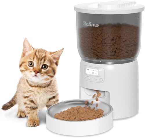 Balimo Futterautomat Katze, 3L Katzenfutter Automat, Programmierbarer Timer Katzen Futterautomaten, Futterautomaten für Katzen und Hunde,1-6 Mahlzeiten pro Tag, Mit Waschbecken aus Edelstahlnapf, Weiß von Balimo