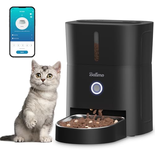 Balimo Futterautomat Katze, 3L Katzenfutter Automat, 2.4G WiFi Futterspender Katze, 1-10 Mahlzeiten, Mit Nachtlicht Edelstahlnapf futterautomat, Geeignet für Hunde und Katzen Futterautomat, Schwarz von Balimo