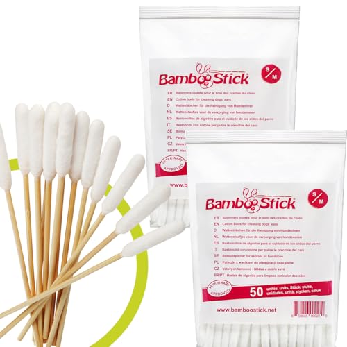 BambooStick® - 2 Packungen mit 50 Wattestäbchen S/M zur Ohrenreinigung von kleinen Hunden und Katzen - Ohrenpflege für Hunde und Katzen - Einfache Anwendung - Von einem französischen Tierarzt von Bamboostick