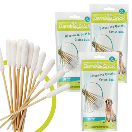 BambooStick® - 3 Packungen mit je 30 Wattestäbchen L/XL zur Ohrenreinigung von großen Hunden - Naturprodukt für die Ohrenpflege von Hunden - Einfach zu verwenden - Von einem französischen Tierarzt von Bamboostick