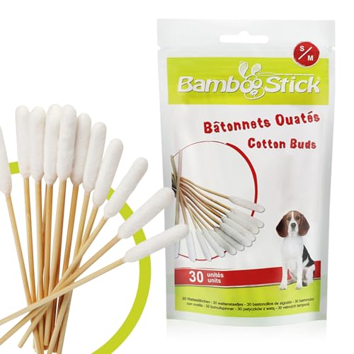 BambooStick Pack mit 30 Wattestäbchen S/M zur Reinigung der Ohren großer Hunde - Natürliches Produkt zur Pflege der Hundeohren - Einfache Anwendung - Entwickelt von einem französischen Tierarzt von Bamboostick