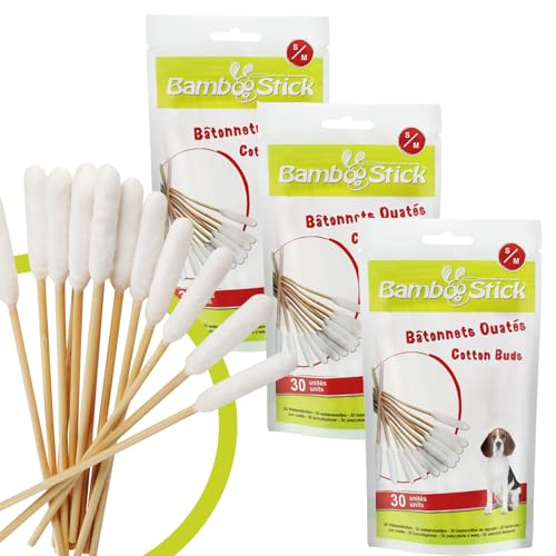 Bamboostick® - 3 Packungen mit je 30 Wattestäbchen S/M – zum Reinigen der Ohren von kleinen Hunden und Katzen – einfach zu verwenden – entwickelt von einem französischen Tierarzt von Bamboostick