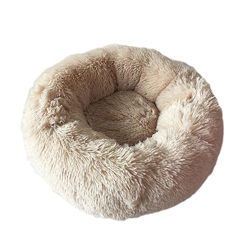 Beruhigendes Donut-Hundebett, Plüsch, warm, abnehmbar, maschinenwaschbar, rutschfest, Anti-Angst, verschiedene Größen, Welpenbett für Katzen und Hunde (50 cm, cremefarben) von BangDon