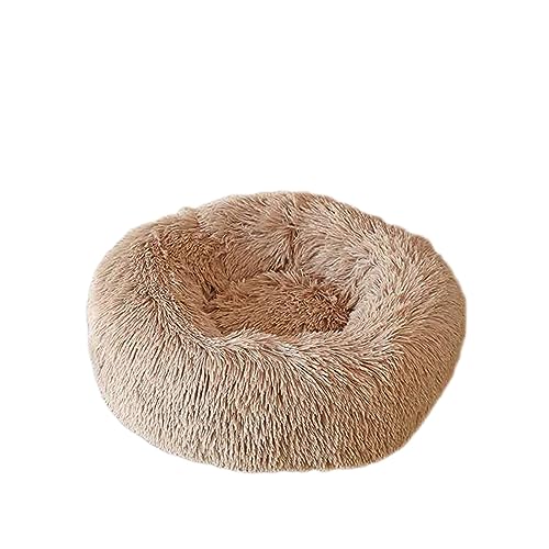 Beruhigendes Hundebett Katzenbett Donut Weiches Haustierbett Flauschiges rundes Hundebett Warm mit langem Plüsch waschbar rutschfeste Welpenmatte für Hund Kätzchen (100 cm, helles Khaki) von BangDon