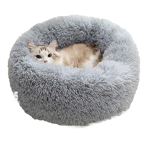 Donut-Haustierbett aus Plüsch, flauschig, bequem, für mittelgroße und kleine Hunde, Katzen, gemütlich, Anti-Angst, waschbar, mit rutschfester Unterseite, 60 cm, Hellgrau von BangDon