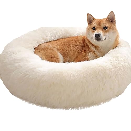 Donut-Hundebett, groß, waschbar, rund, beruhigend, flauschig, weich, Plüsch, für mittelgroße und kleine Hunde und Katzen, zur Linderung von Angstzuständen (90 cm, beige) von BangDon