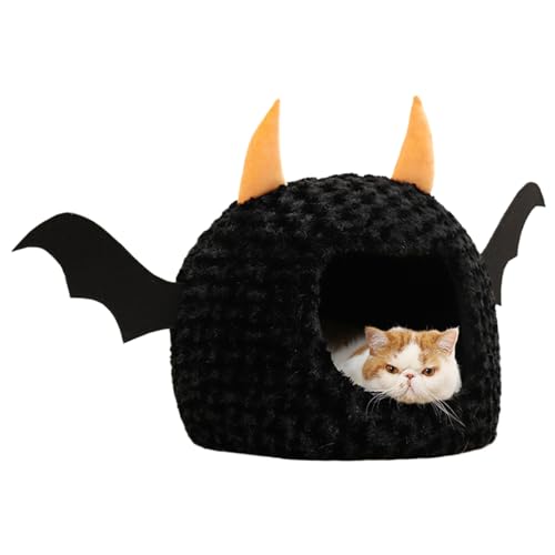 Banziaju Gothic Katzenbett Halloween Katzenbett, kleine Dämonform lustiges Katzenbett, weiches warmes, plüschiges Gothic-Katzenbett mit abnehmbarem Kissen, Katzenbetthöhle mit einem Schlupfboden von Banziaju