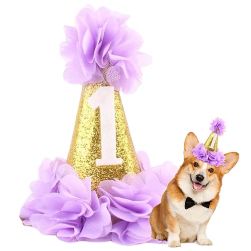 Banziaju Hund Geburtstagshut, Violette Paillettenkegelhut Hunde Katzen Einer Größe Hundehut mit Blumenzubehör und einstellbar von Banziaju