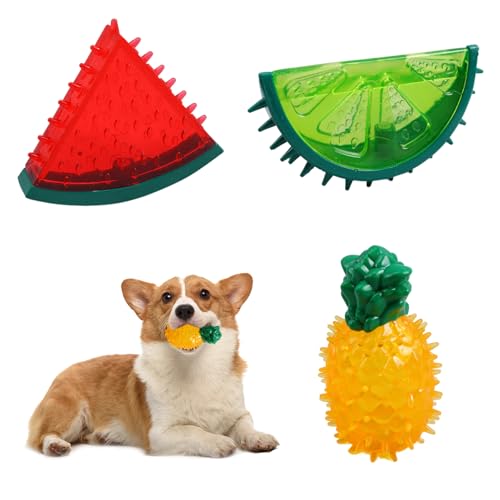 Hundekauen Spielzeug cooler Hund kaut Spielzeug Rozen Zahnen Spielzeug für Welpen Wassermelon Ananas Form Gefrierschrank Hunde Interaktive Spielzeug Sommer -Quietschspielzeug 3PCs, Cool Hundespielz von Banziaju