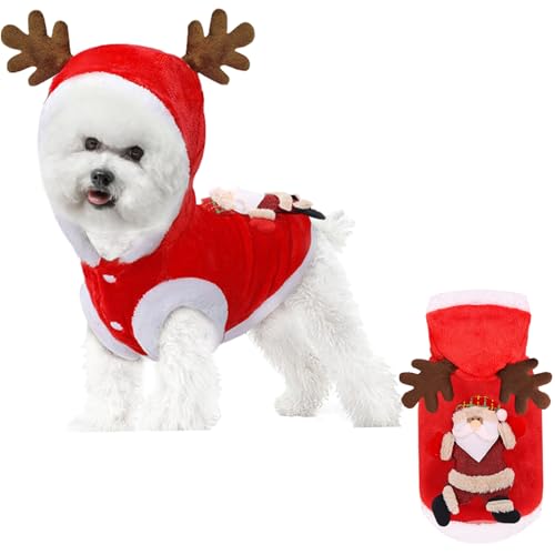 Banziaju L-Pet Weihnachtskleidung mit Geweih mit Kapuze süßer Santa-Katze-Hund-Weihnachts-Outfit Flanell Thermal Winter Haustier Weihnachtskostüm, Hund Weihnachts-Outfit, Haustier Weihnachtskleidung von Banziaju