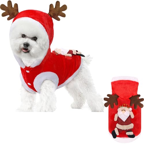 S-Pet Weihnachtskleidung mit Geweih mit Kapuze niedlich Santa Katze Hund Hunde Weihnachtsoutfit Flanell Thermal Winter Haustier Weihnachtskostüm, Hund Weihnachts-Outfit, Haustier Weihnachtsk von Banziaju