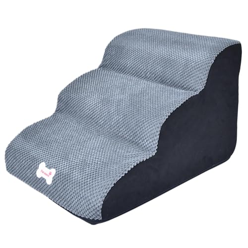 Baoblaze Hundetreppenrampe, 3 Stufen, Leiterhöhe 35 cm, multifunktional für hohe Betten und Sofas, sanfte Neigung, stabil, rutschfest, Abnehmbarer Bezug, Grau von Baoblaze