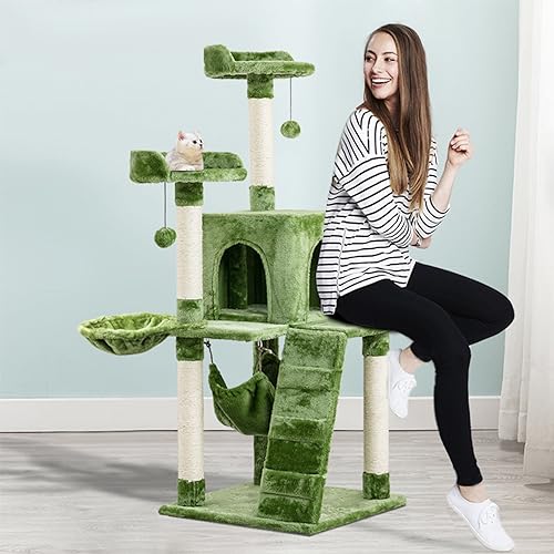 Katzenhaus, 135 cm hoch, großer Katzenbaum, Katzenturm, Katzenhaus für große Hauskatzen, Spiel-, Kratz-, Versteck- und Klettermöbel mit Spielzeug, Leiter und Hängematte von Baodiale