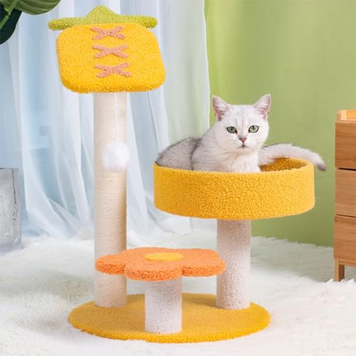 Katzenhaus, 60 cm, Katzenbaum mit Sisal-Kratzbaum und mehrstufiger Komfort-Sitzstange, Katzenhaus und kleinem Spielzeug für Indoor-Aktivitäten – Gelb von Baodiale